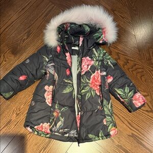 Tamarine Floral Kids Puffer Jacket with Faux Fur Hood 122cm height
